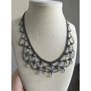 Lia Sophia Blue Rhinestone Lace Bib Necklace Dangle Bead Formal Webbed